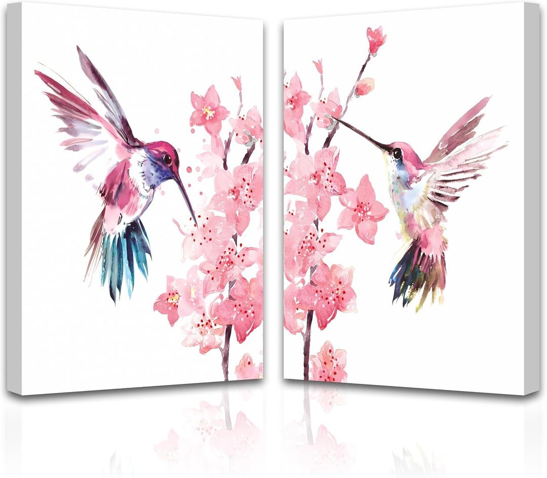 Large Framed Birds Canvas Wall Art,Set of 2 Hummingbird Watercolor Prints,Playful Hummingbirds Amidst Flowers Nature Landscape Wall Art for Country Style Home Decor Or Pink Bedroom(16"x24"inch)