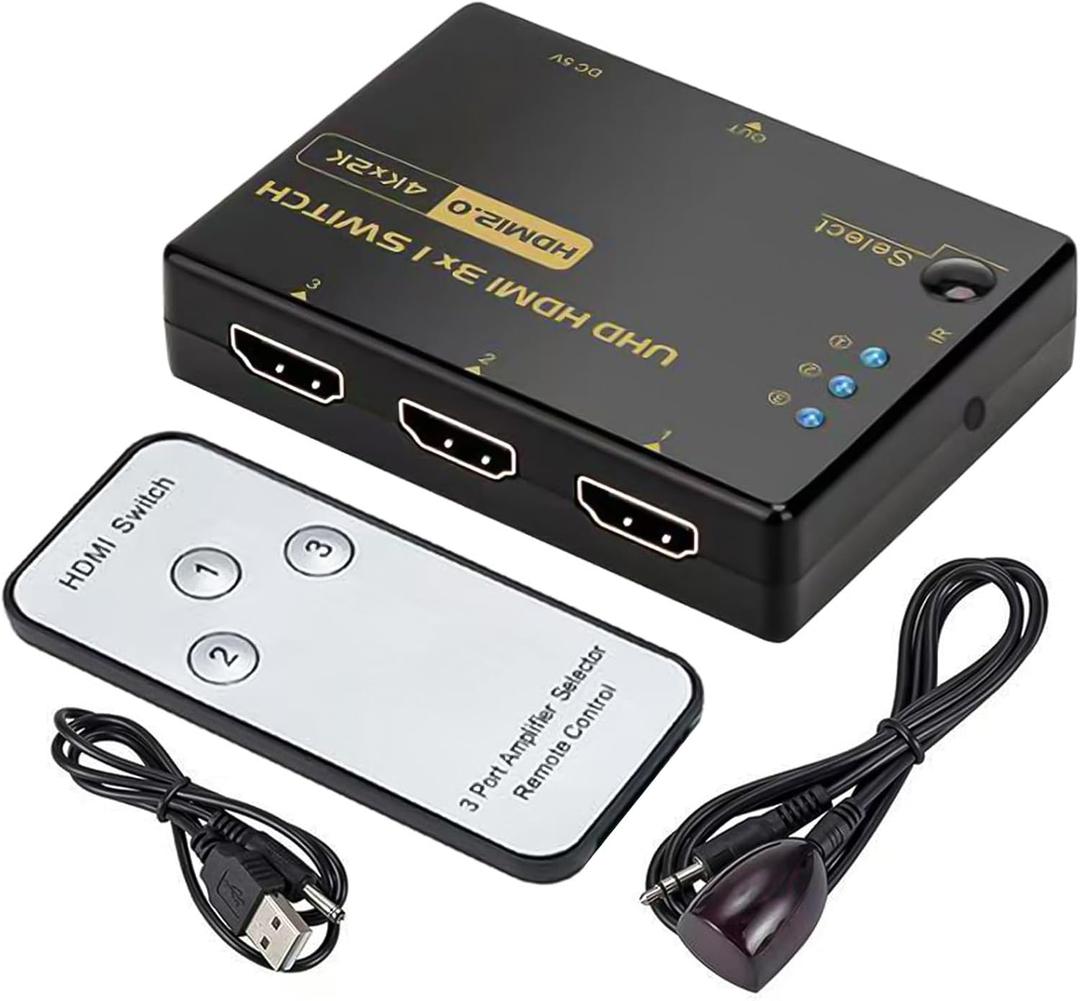 4K 60Hz HDMI Switch 3 in 1 Out -Ultra HD HDMI Switcher Selector with Remote 3 Port Switcher Selector Box Support 3D CEC HDR HDCP2.2 Compatible with Xbox, Fire TV Projector Home Theater