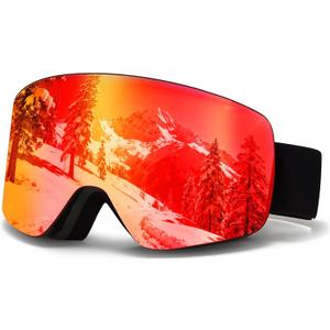 Ski Goggles OTG Snow/Snowboard Goggles Snowboarding Goggles Over Glasses Ski Goggle for Men Women Adult (Gloss Black Frame Rev Red)