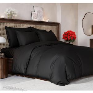 Duvet Cover Queen Size Set - Extra Soft Queen Size Duvet Cover 90 x 90 with 2 Pillow Shams - Hotel Luxury, Easy Care and Fade Free with Zipper Closures & Ties - Comfy, Breathable Bedding Set (Black) (17 - Black (No Comforter))