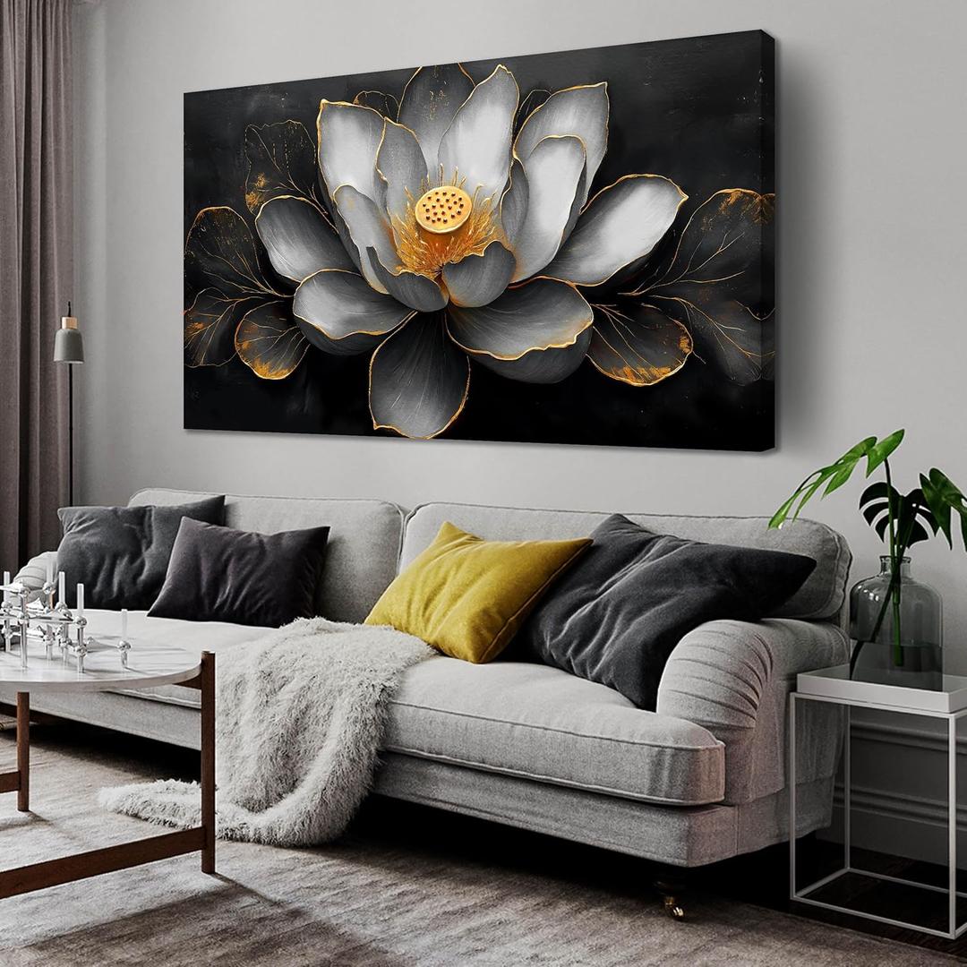 SIXTTART Lotus Canvas Wall Art for Living Room - Black White and Gold Flower Wall Art Bedroom - Modern Large Wall Art Size 29" x 59" (59L" x 29W")