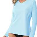 Women's Standard V-Neck UPF 50+ Long Sleeve Swim Rash Guard Shirt (Blue, S)