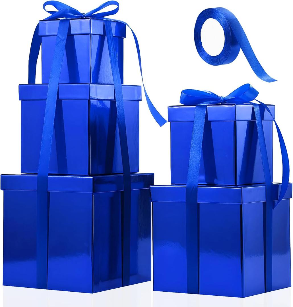 Cholemy 5 Pcs Square Nesting Boxes Decorative Gift Boxes with Lid and Ribbon Assorted Sizes Wrap for Wedding, Carnival, Anniversary, Birthday, Bridal Shower Party Gifts(Shiny Blue)