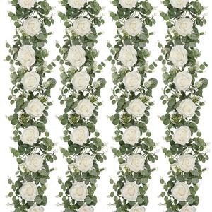 Dolicer 4Pcs 26Ft Artificial Eucalyptus Garlands with Flowers - 8 Roses, Faux Floral Greenery Garlands Fake Flowers Vines for Wedding Table Centerpieces Arch Party Ceremony Backdrop Decor (White)