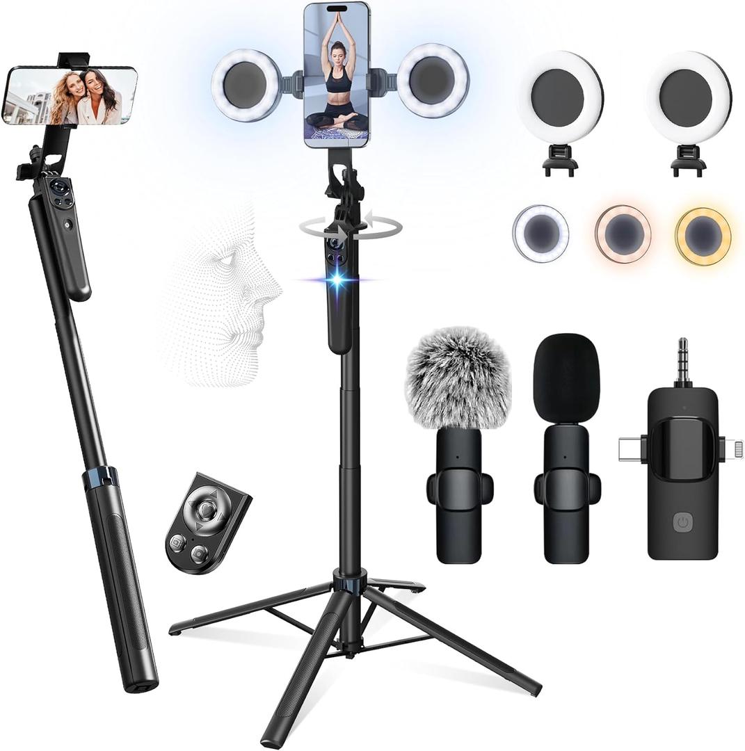 71" Content Creator Essentials Vlogging Kit - 2 Lights & 2 Mics, 360 Rotating Auto Face Tracking Tripod for iPhone/Android/Camera with Wireless Remote, No App for Vlog, Live, Video Record