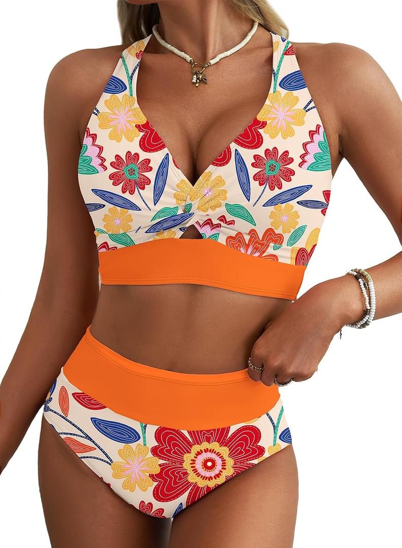 Herseas Women's 2 Piece Bikini Sets Twist Front Top Lily Print Swimsuits High Waisted Bathing Suit Beach Summer Swimwear (Orange, M)