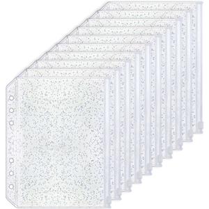 10pcs A5 Cash Stuffing Envelopes Zipper Binder Pockets Clear Glitter PVC 6 Hole Zip Sleeves Loose Leaf Pouches for 6 Ring Binder Planner (A5 5.91" x 8.19")