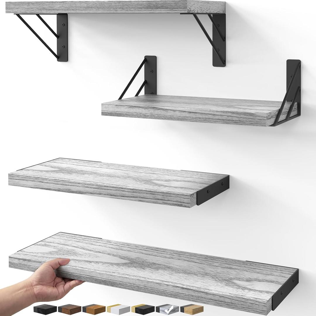 BAYKA Wall Shelves for Bedroom Decor, Floating Shelves for Living Room Kitchen Storage, Wall Mounted Rustic Wood Floating Shelves for Kids Books, Corner Shelf for Bathroom(Gray White Set of 4)
