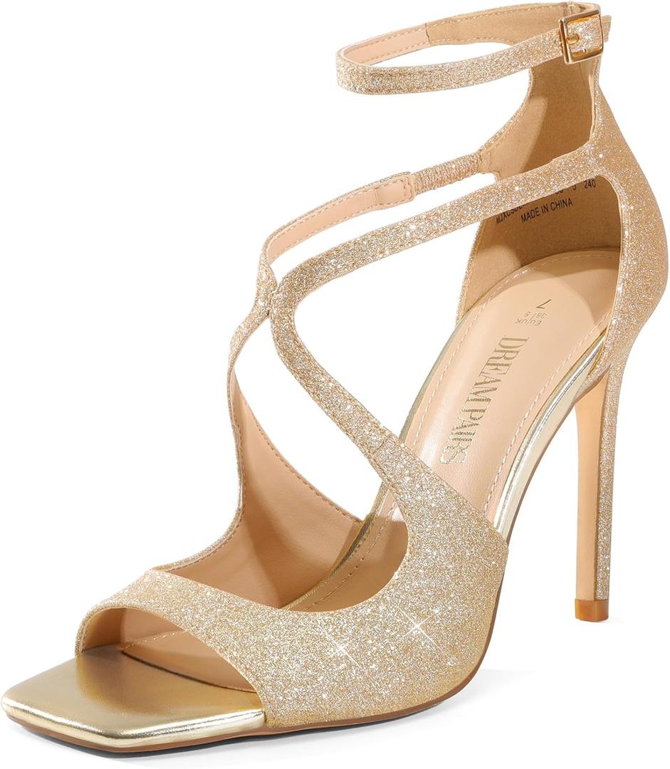 DREAM PAIRS Women's High Heels Sexy Cross Square Open Toe Strappy Dressy Sexy Stylish Stilettos Heels Sandals (6, Gold-glitter)