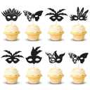 24Pcs Masquerade Masks Cupcake Toppers Bachelorette Party Mask Cupcake Food Fruit Picks Masquerade Mardi Gras Party Baby Shower Birthday Party Cake Decorations Supplies - Black Glitter