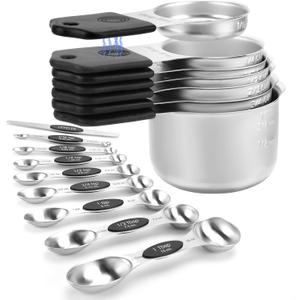 Magnetic Measuring Cups and Spoons Set-Heavy Duty 304 Stainless SteelDouble Measurement MarkingsSet of 16 with Leveler for Measure Dry and Liquid Ingredients (Black)
