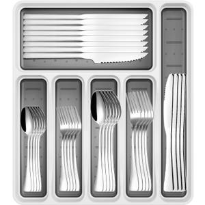 49-Piece Stainless Steel Silverware Set with Cutlery Organizer, Service for 8 with Steak Knives and Kitchen Utensils (White)