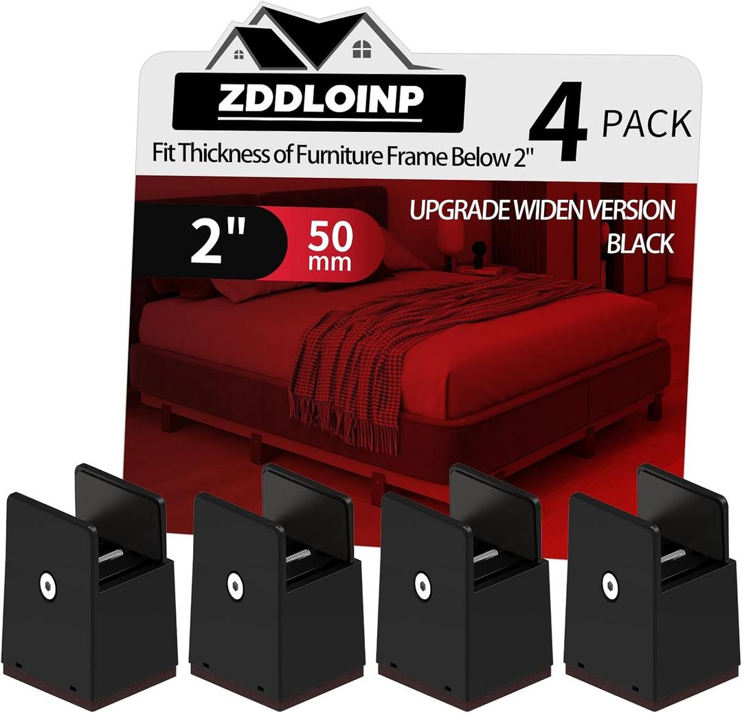 4Pack Bed Risers with Adjustable Screw Clamp, Fit Thickness of Furniture Frame from 0 to 2 Inch, Elevation in Heights 2" Heavy Duty Risers for Lifting Couch Desk Table Cabinet Nightstand, Black