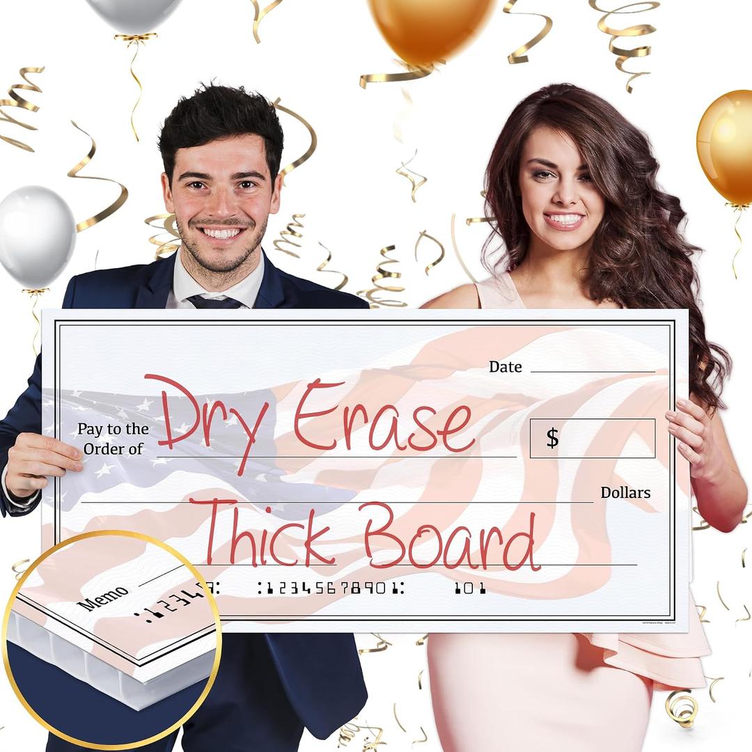 Giant Dry Erase Check - 16" x 32", Reusable Big Oversized Blank Check for Presentation - Great Photo-Op for Fundraisers, Charity & Donation Events, 32"x16"