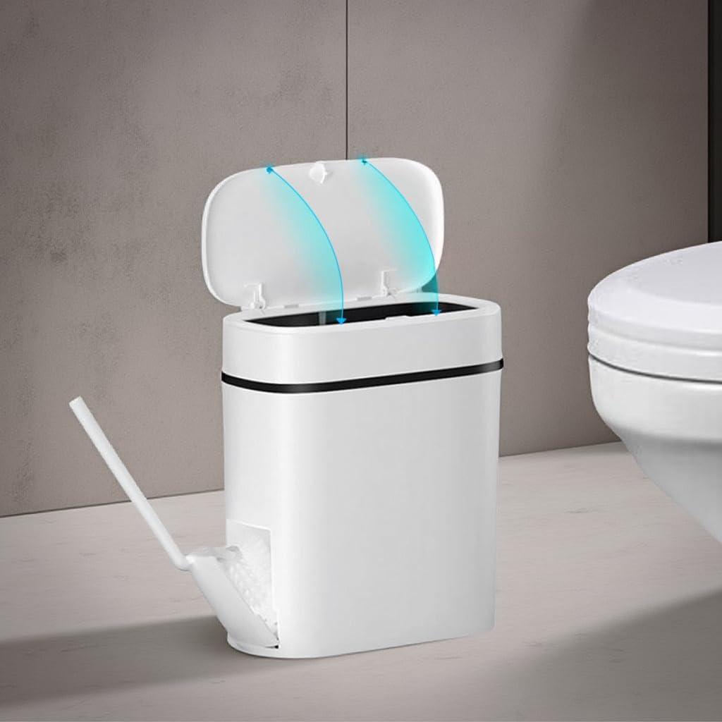 3.7 Gallons/14 Liter Bathroom Trash Can Set with Toilet Brush Set, Camper Trash Can Ultra Slim Pull Out Trash Can, White lid