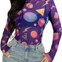 80s 90s Mesh Long Sleeve Shirt Women 90s 80s Themed Party Outfits Retro Sexy Neon Disco See Through Mock Neck Tops, Size M