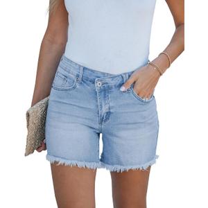 luvamia Jean Shorts for Women Low Waisted Trendy Stretchy Crossover Waist Denim Shorts Raw Hem Casual Summer Pockets (Medium, Blue Breeze)