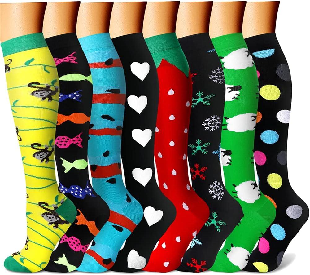 CHARMKING Compression Socks for Women & Men Circulation (8 Pairs) 15-20 mmHg is Best Support for Athletic Running,Hiking (Small-Medium, 22 Yellow/Black/Blue/Black/Red)