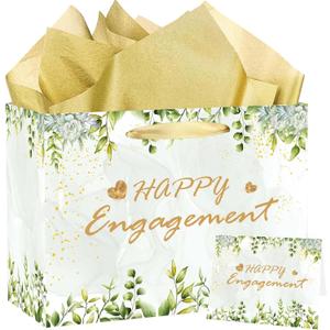 SUNDECO Sage Green Engagement Gift Bags - Large Wedding Favor Bags with Tissue Paper and Card, Bridal Shower Party Decorations, Engagement Party Supplies for Women