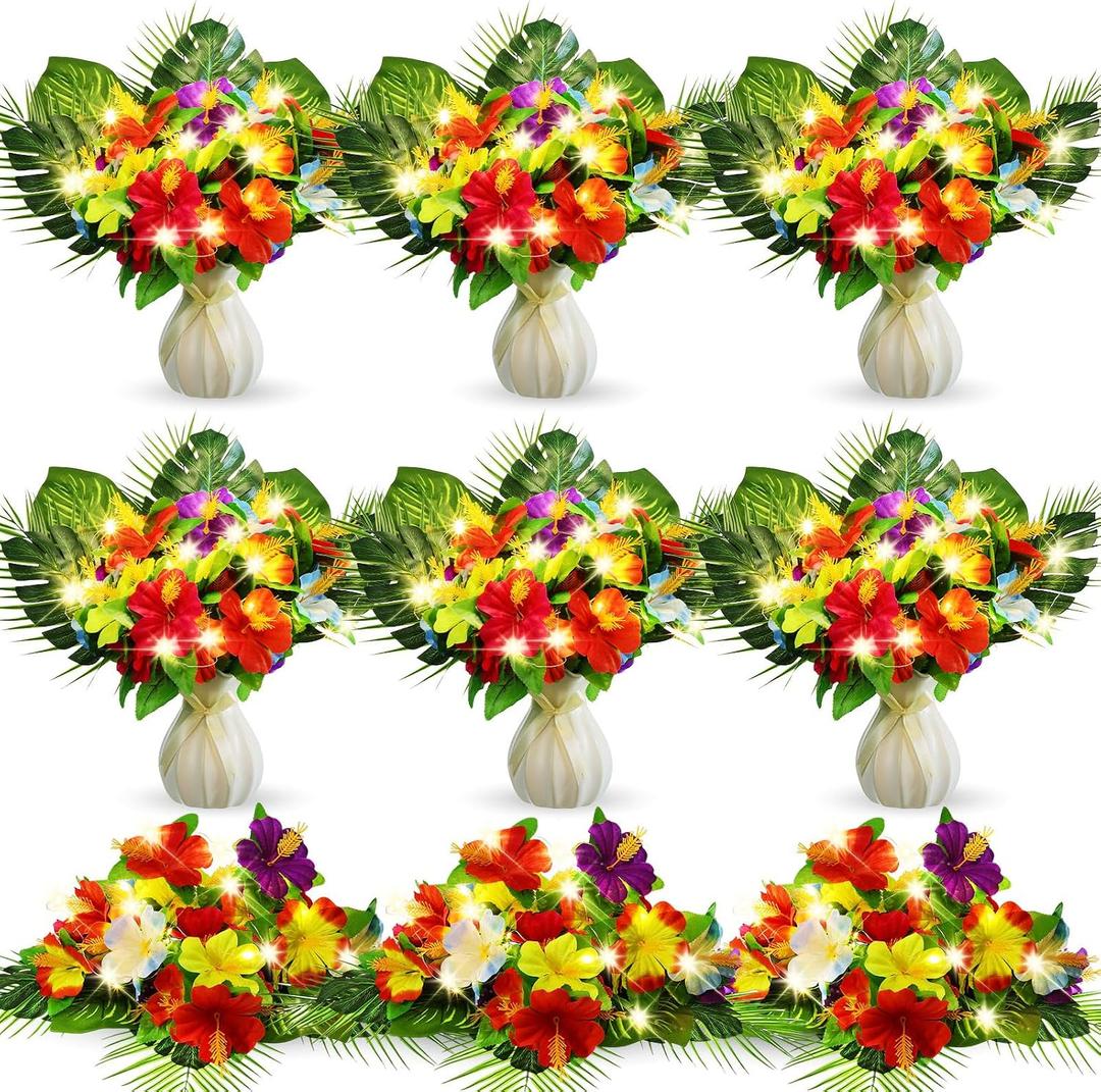 Hotop 36 Pcs Light up Hawaiian Flower Centerpieces for Tables Hibiscus Bouquet Palm Leaves and Light Up Centerpieces for Tables