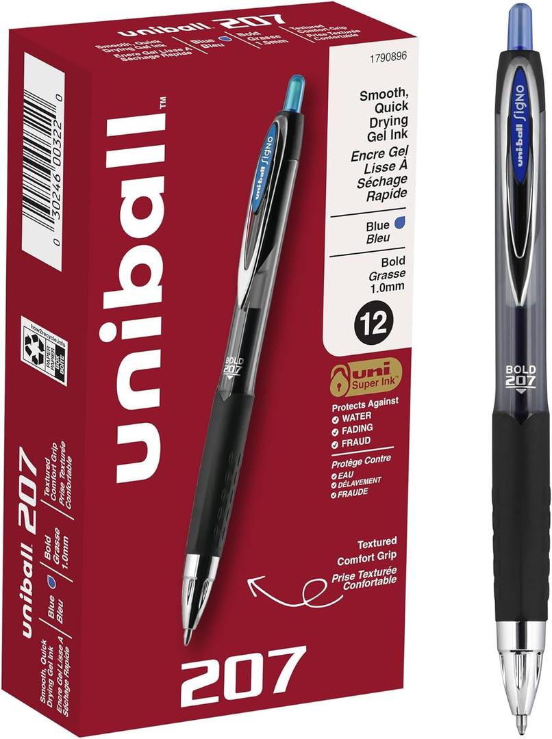 uniball 207 Retractable Gel Pens, Bold Point (1.0mm), Blue, 12 Pack
