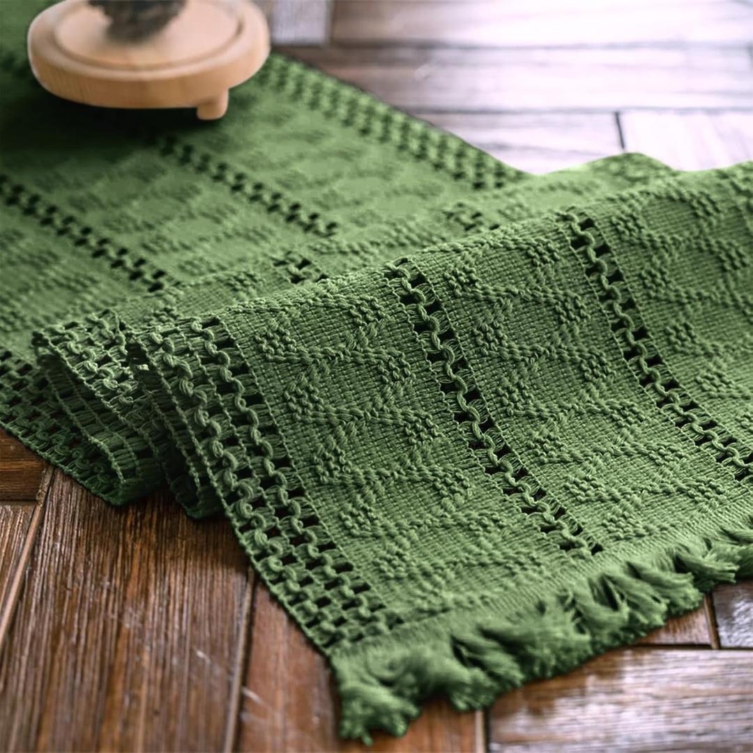 Macrame Table Runner Green Boho Table Runners with Tassels Hand Woven Cotton Table Runner Rustic Farmhouse Table Runners for Bohemian Kitchen Dining Table(12x48in)