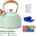 Tea Kettle Stovetop, 2.6 Quart cute teapot,loud whistle kettle, Food Grade Stainless Steel with Fold wood grain handle, Mint Green,With Anti Scald Towel