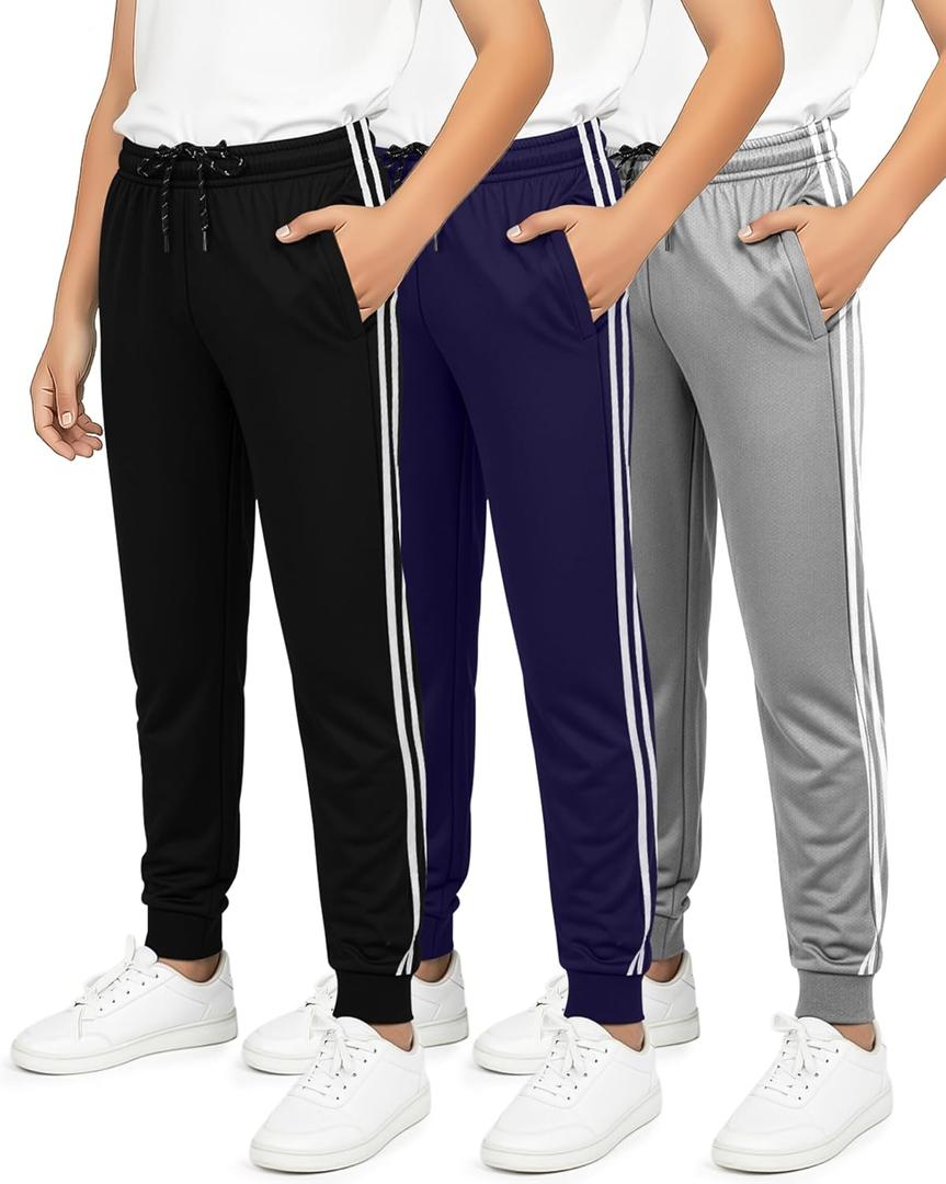 Real Essentials 3 Pack: Boy's Mesh Jogger Sweatpants - Youth Kids Baseball Football Athletic Pants with Pockets - Set 5, M(8-10)