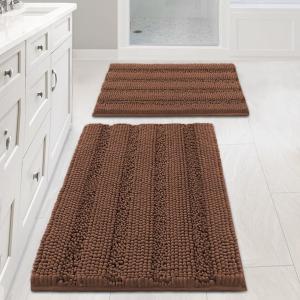 H.VERSAILTEX 2 Piece Bathroom Set Extra Thick Chenille Striped Pattern Bath Rugs for Bathroom Non Slip Soft Plush Shaggy Bath Mats for Floor (Caramel, 32 x 20 Plus 24 x 17 - Inches)