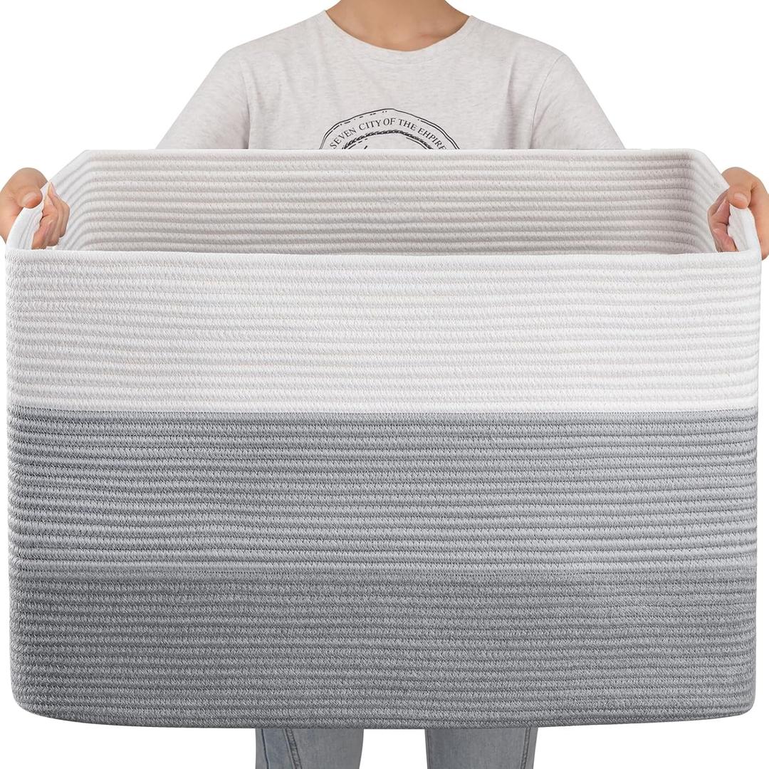 OIAHOMY 108L Super Large Blanket Basket, 25x16x16(108L) Rectangle Woven Baskets for Storage, Cotton Rope Basket For Living Room, Toy Storage with Handle - Gradient Grey