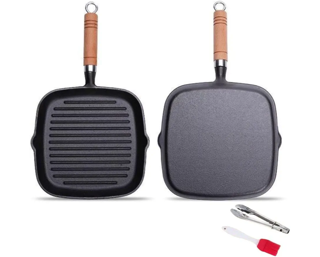 Nonstick Cast Iron Grill Pan with Double Spouts, 8.7-inch Durable Skillet for Stove Tops, Ideal for Indoor & Outdoor Cooking (8.7inch / 22cm)