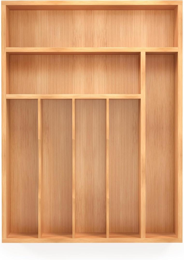 Bamboo Silverware Organizer, Kitchen Drawer Organizer, Utensil Holder, Cutlery Tray & Spoon Flatware Storage with Grooved Drawer Dividers (7 Slots, Natural) (Large 16.5x12.3 Inch)