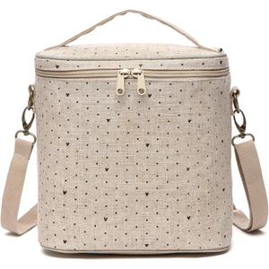 Lunch Bag for Women, Soft Linen Lunch bag with adjustable shoulder strap, Insulated Womens Lunch Bag for Work, Machine Washable Lunch Box with removable liner (Black Small Dots)