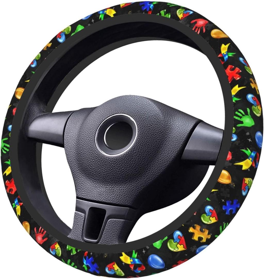 Autism Awareness Steering Wheel Cover Anti-Slip,Sweat Absorption Universal 15 inch Steering Wheel Covers Cute car Accessories for Men Women (One Size, Black 2)