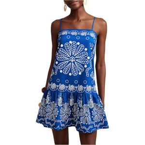 Women's Floral Boho Flowy Mini Cami Dress Ruffle Hem Spaghetti Strap Vacation Tank Dresses (Large, Blue and White)