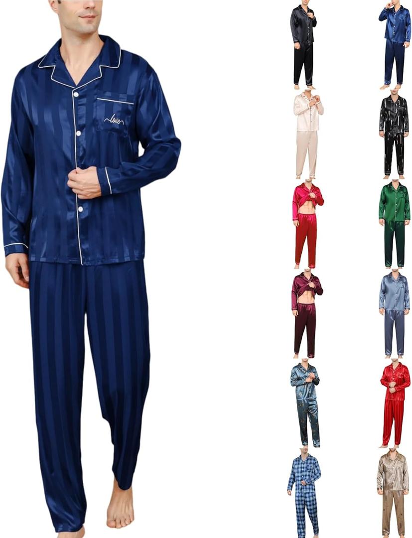Men's Silky Satin Pajama Sets Mens Sleepwear Big and Tall Pajamas for Men Loungewear Summer Pjs Lounge Set, XL