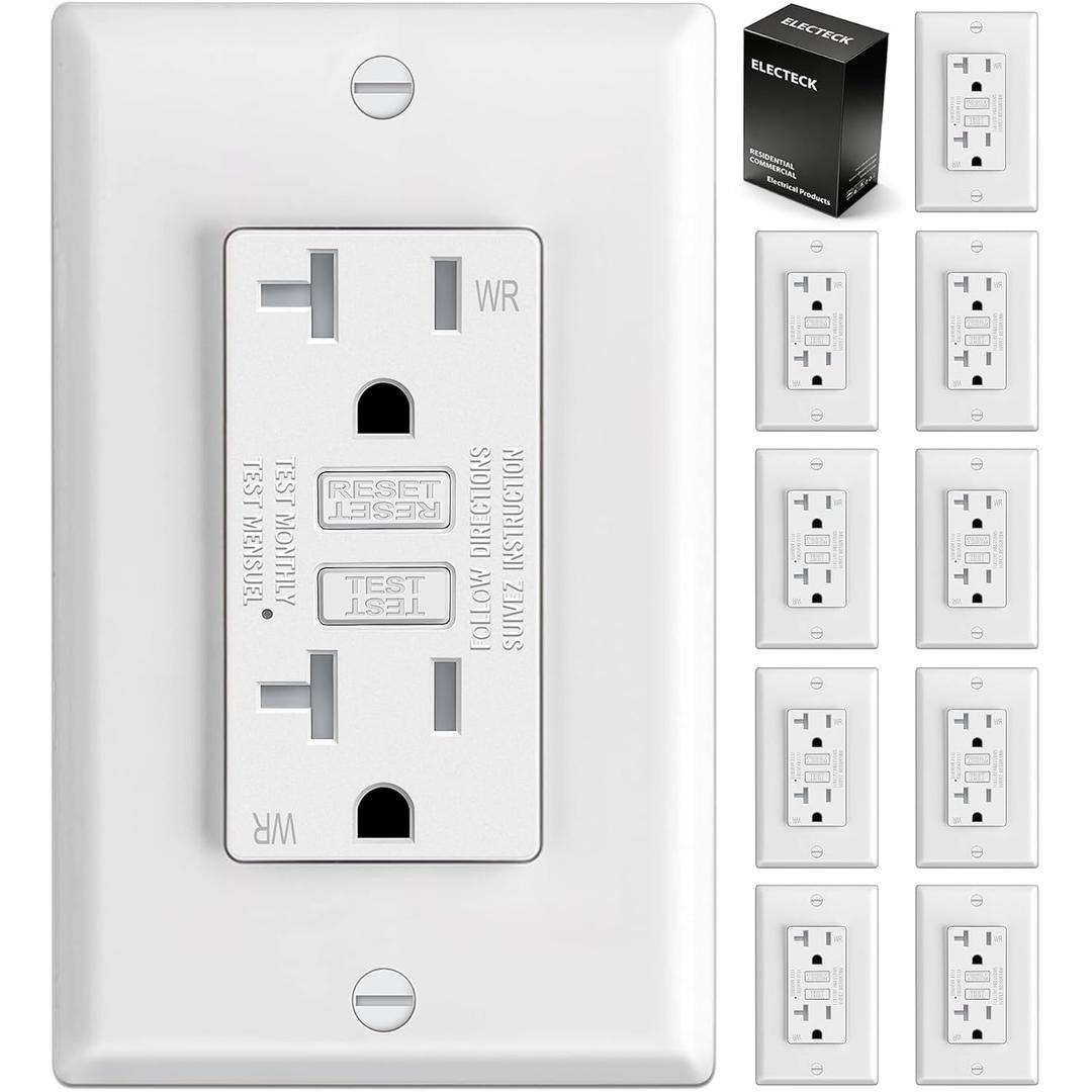 ELECTECK 10 Pack GFCI Outlet 20 Amp, Outdoor Weather Resistant (WR), Ultra Slim GFI Receptacles with LED Indicator, Ground Fault Circuit Interrupter, Wallplate Included, ETL Listed, White