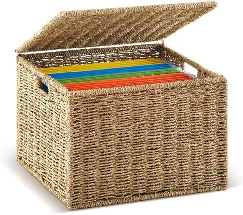 Jingmore Seagrass File Box Organizers Collapsible Letter/legal Size Filing Cabinet with Lid Portable Decorative Document File Storage Box for Office/decor/home, Natural