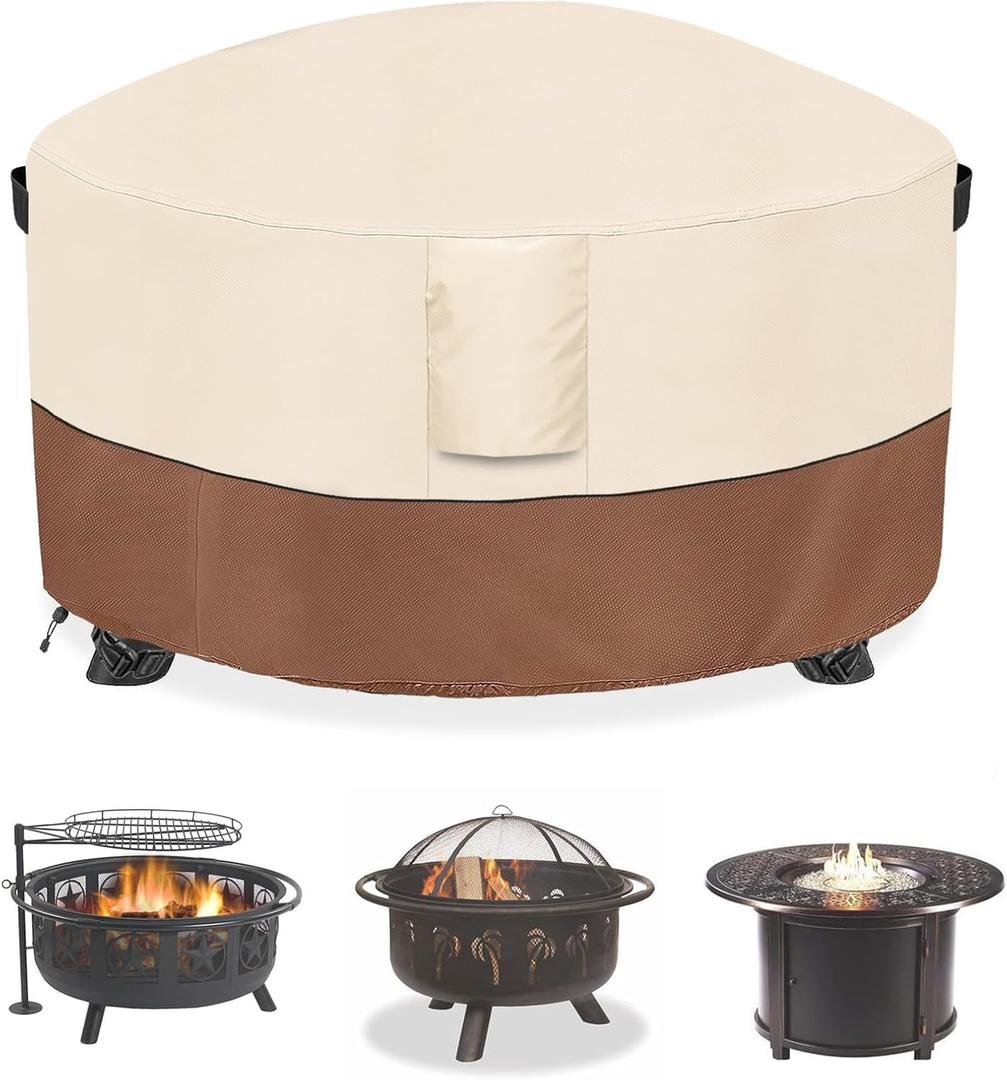 Fire Pit Cover,Outdoor Heavy Duty 600D 100% Waterproof Fire Pit Cover Round,Weatherproof Firepit Covers Round 54" Dia x 24" H,Beige & Brown