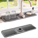 Faucet Mat for Kitchen Sink, 17.7"X5.5" Silicone Sink Splash Guard with Soap Holder, Snap-On Design & 7°slope Fast Drain, Folding Sink Faucet Mat for Universal Kitchen Bathroom Sink（Grey）