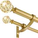 Gold Double Curtain Rod 140 to 164 Inch,Double Decorative Crystal Drapery Rods with Solid Aluminum Bracket Acrylic Sheer Bling Foil Finials,1" Front and 5/8" Back Heavy Duty Curtain Rods for Windows