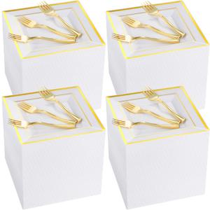 300 Pcs Square Plastic Plates with Forks Set Include 150 Disposable 6.5 Inch Dessert Plates Heavy Duty and 150 Plastic Appetizer Forks for 150 Guests Weddings Party Supplies(Gold)