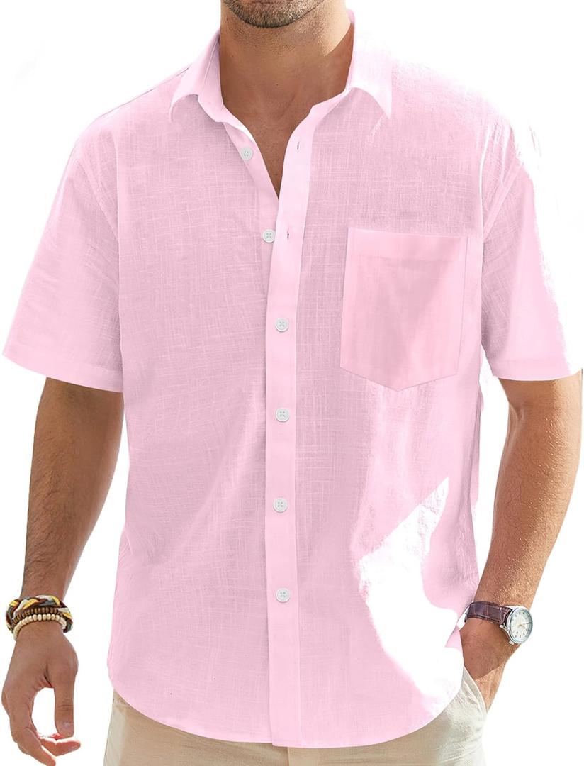 J.VER Men's Cotton Linen Short Sleeve Shirts Casual Lightweight Button Down Shirts Vacation Beach Summer Tops with Pocket (Large)