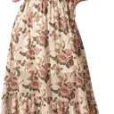 EYWOL Plus Size Wedding Guest Dresses for Women Floral Chiffon Flowy V Neck Maxi Dress with Detachable Tie Smocked Back (Beige)