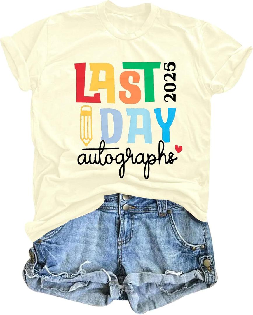 Last Day of School Teacher Shirt: Womens Last Day Autographs 2025 T-Shirt School Graduation Casual Short Sleeve Top (Yellow, L)