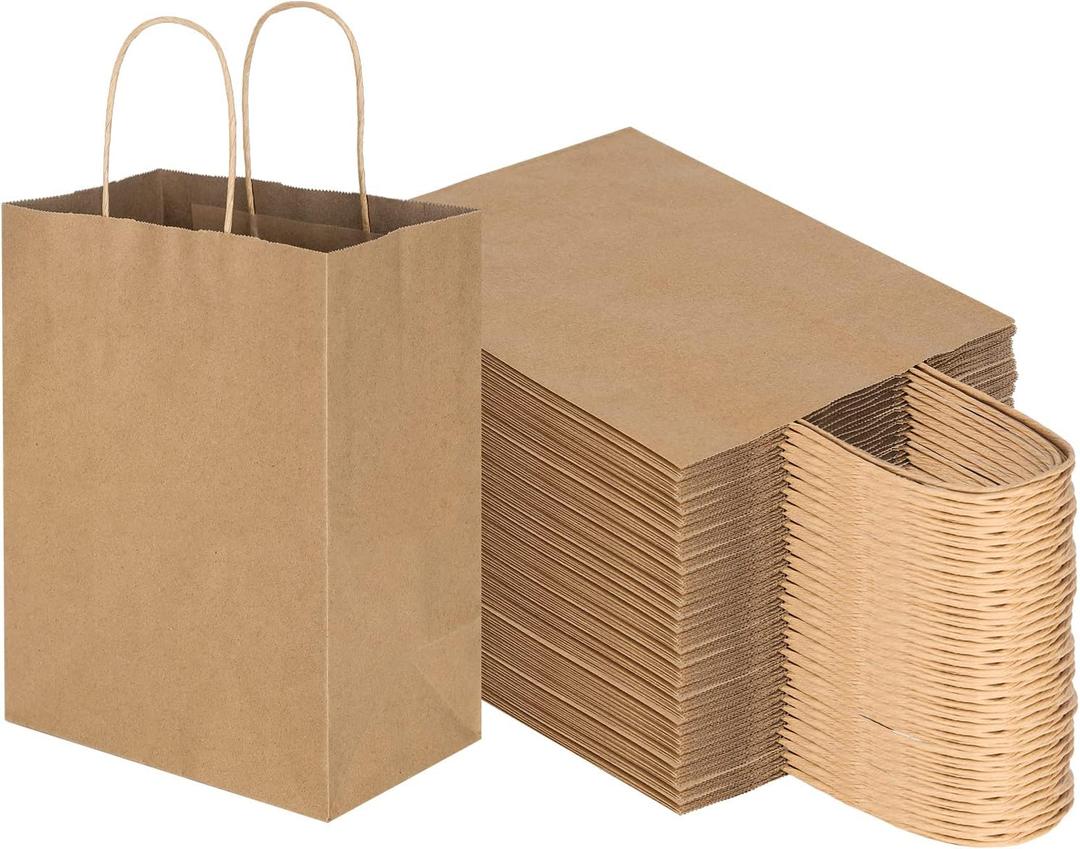 Toovip 100 Pack 8x4.75x10 Inch Medium Plain Brown Kraft Paper Bags with Handles Bulk, Gift Wrap Bags for Favors Grocery Retail Party Birthday Shopping Business Goody Craft Merchandise Take Out Sacks