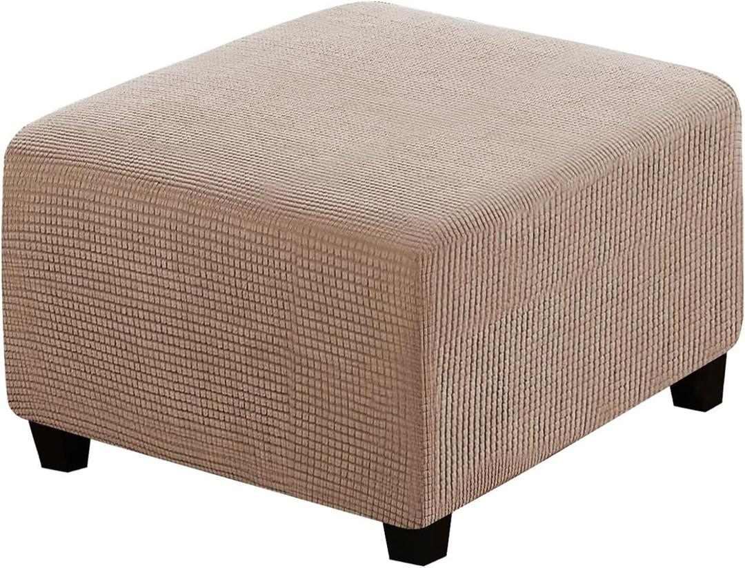 H.VERSAILTEX Square Ottoman Covers Ottoman Slipcovers Folding Storage Stool Furniture Protector Form Fit with Elastic Bottom, Stretch High Spandex Small Checks Jacquard Fabric(Medium,Sand)