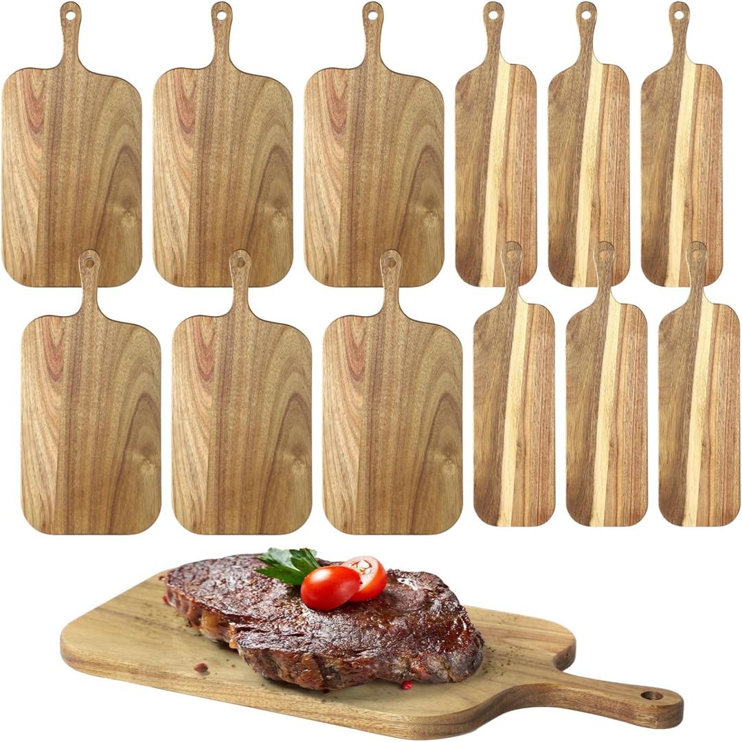 12 Pcs Wood Cutting Board Set with Handle, Acacia Wood Charcuterie Board, Small Size Long Wooden Charcuterie Board Paddle Cheese Board Serving Boards for Kitchen Meat, Pizza,Chees, 16.14.7", 157.5"