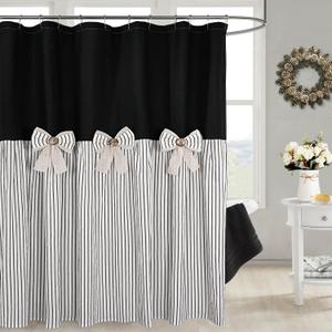 Farmhouse Black Shower Curtain,Bowknot,Cotton Woven and Cotton Blend Fabric,Pleated Black Stripe,Country Style,72x72 in