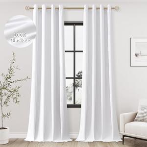 Jowels White Linen Blackout Curtains 120 Length 2 Panels Set for Living Room Bedroom, 100% Black Out Thermal Insulated Linen Drapes, Room Darkening Grommet Curtains 120 Inches Long